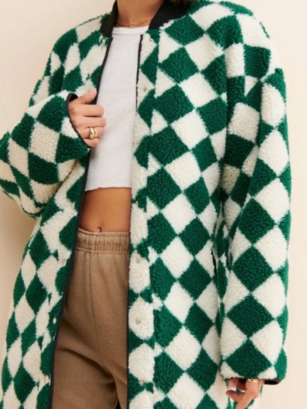 Anthropologie Checkerboard Sherpa Coat - Green & White